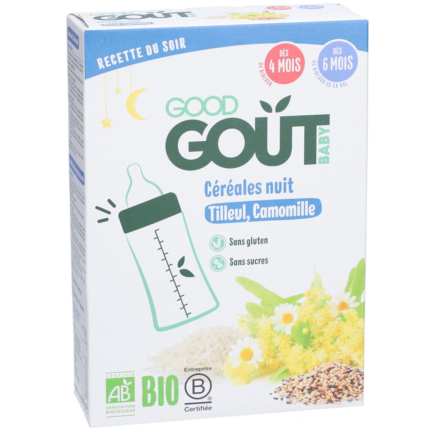 Verpakking van GOOD GOUT BABY Céréales nuit. Bevat kamille en lindebloesem. Biologisch gecertificeerd. Glutenvrij en suikervrij.
