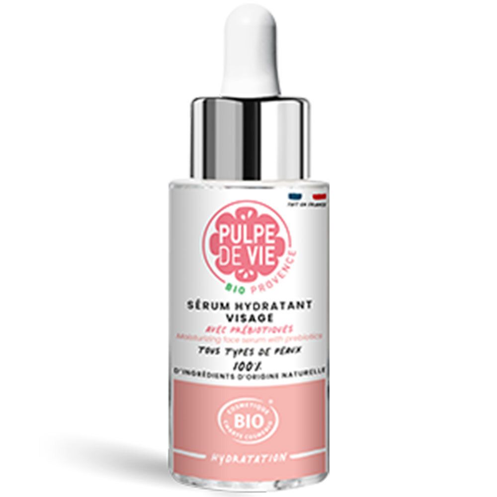Gezichtsserumflesje met pipet. Roze en wit etiket met logo en tekst. Bio-certificering.