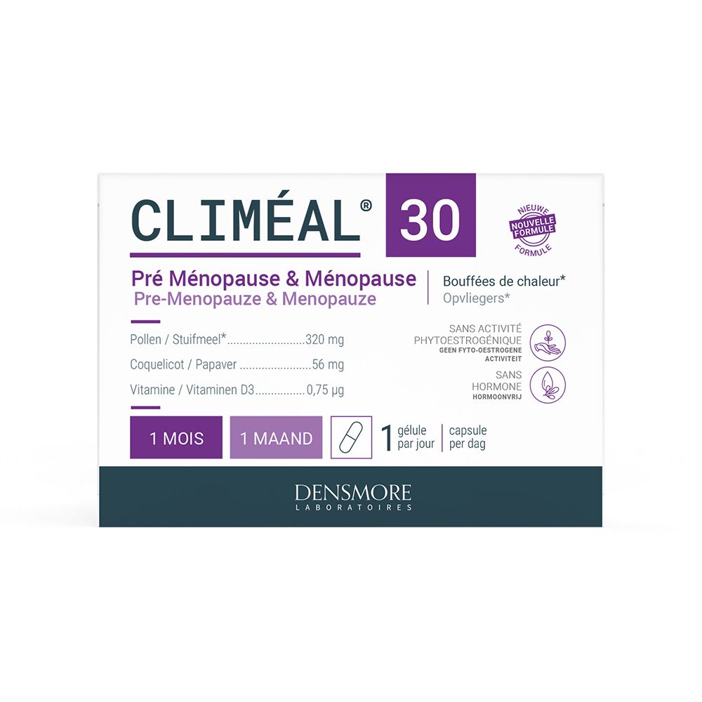 Schachtel mit Climeal 30 Kapseln. Aufschrift: Pré Ménopause & Ménopause. Enthält Pollen, Coquelicot, Vitamin D3.