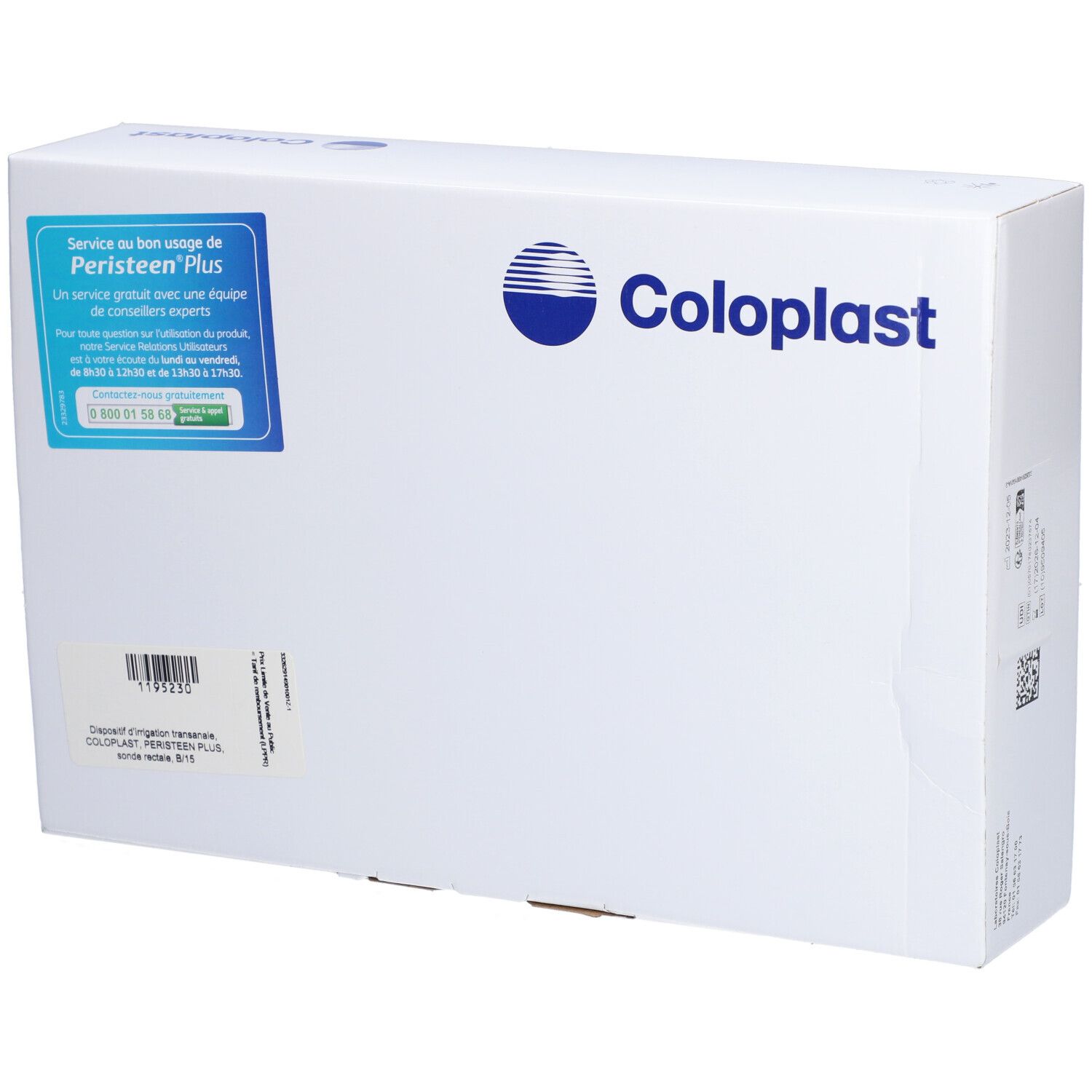 Boîte blanche avec logo bleu et texte. Autocollant avec texte : Peristeen Plus, Coloplast. Code-barres et autres informations.