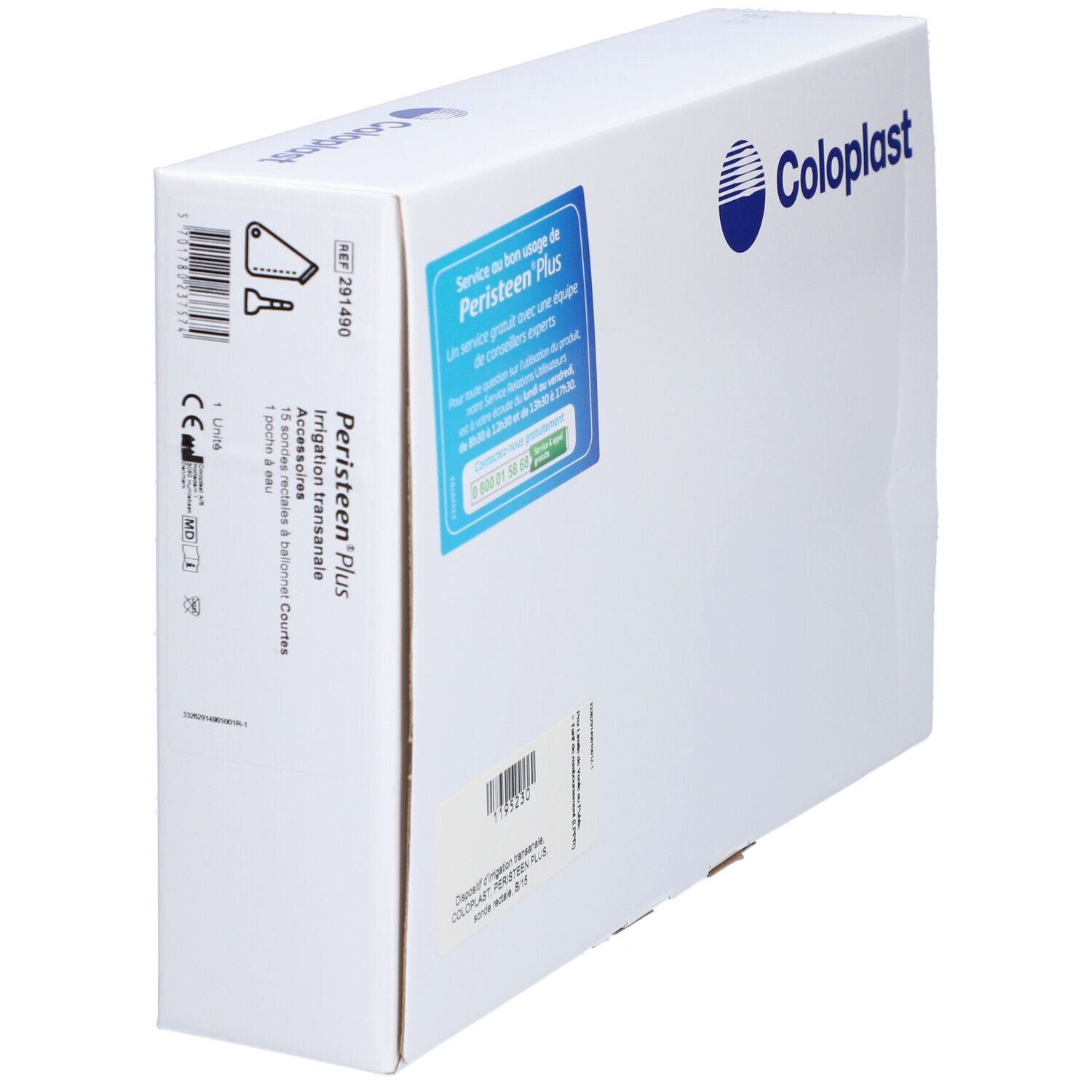 Boîte blanche avec logo bleu et texte. Autocollant avec texte : Peristeen Plus, Coloplast. Image du produit et autres informations.