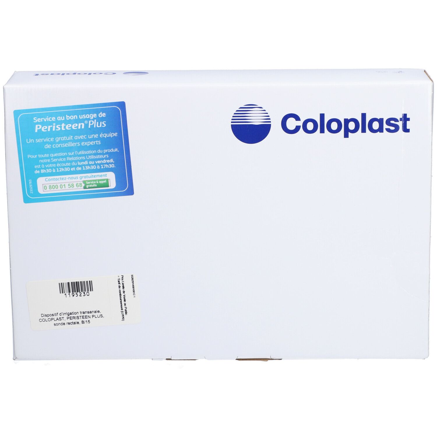 Boîte blanche avec logo bleu et texte. Autocollant avec texte : Peristeen Plus, Coloplast. Code-barres et autres informations.
