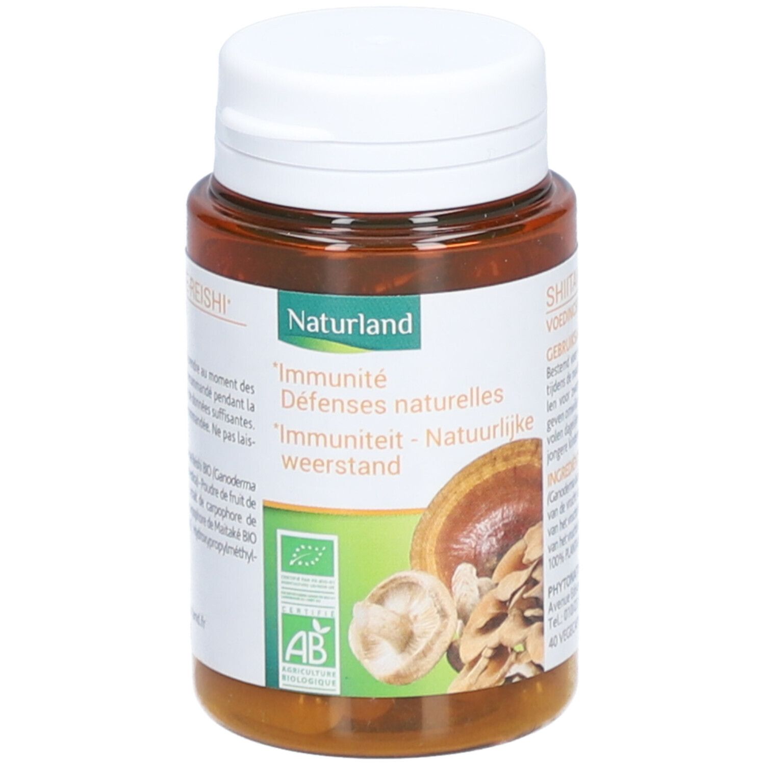 Braune Kapsel-Dose mit weißem Deckel. Aufschrift: Naturland, Immunität, Abbildung von Pilzen. AB-Bio-Siegel.