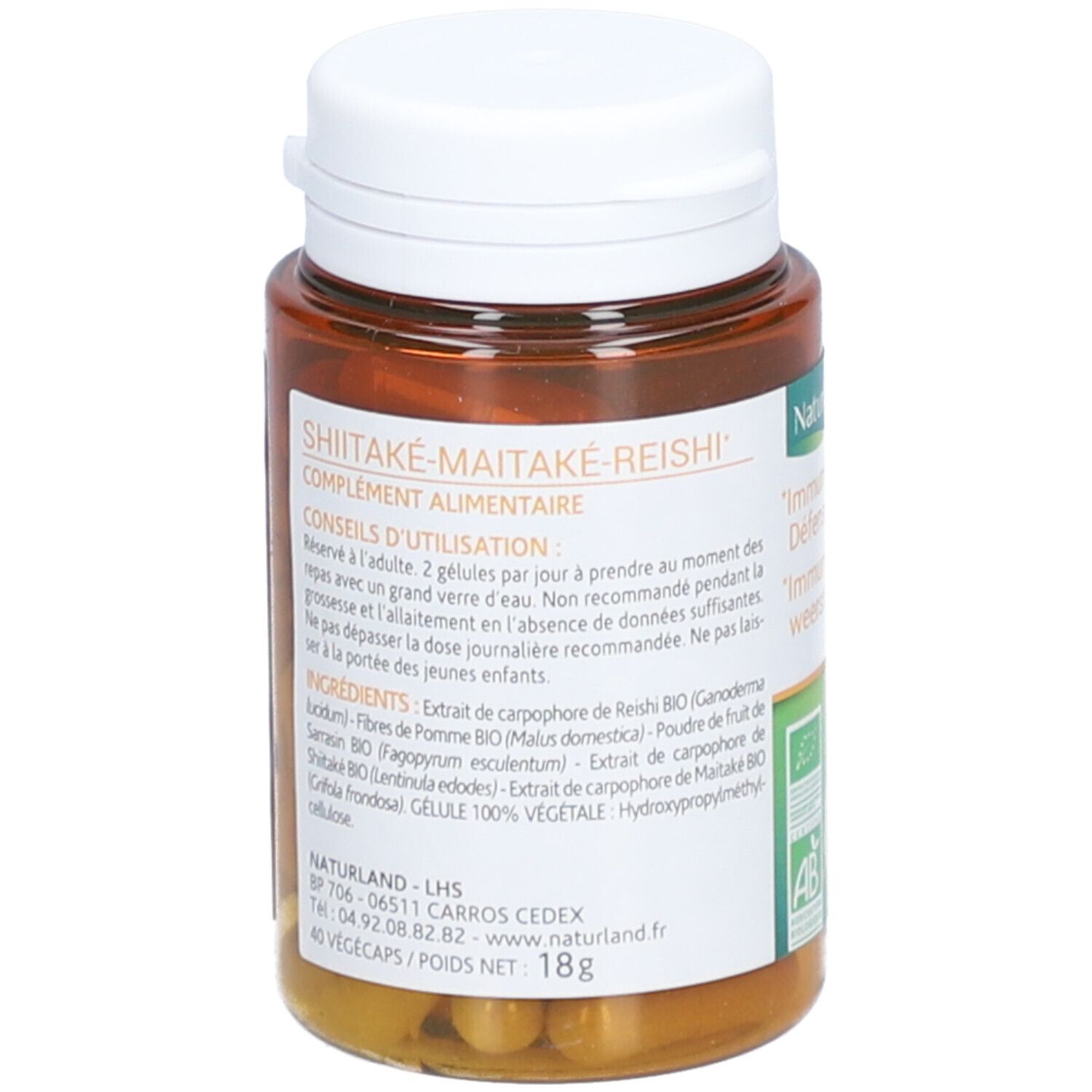 Braune Kapsel-Dose mit weißem Deckel. Aufschrift: Shiitake-Maitake-Reishi, Ergänzungsmittel. Zutatenliste und Gebrauchsanweisung.