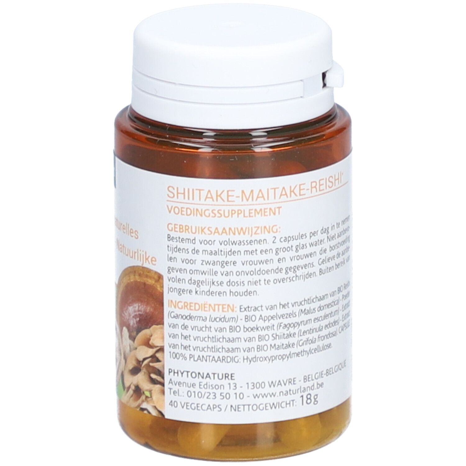 Braune Kapsel-Dose mit weißem Deckel. Aufschrift: Shiitake-Maitake-Reishi, Nahrungsergänzungsmittel. Zutatenliste und Gebrauchsanweisung.
