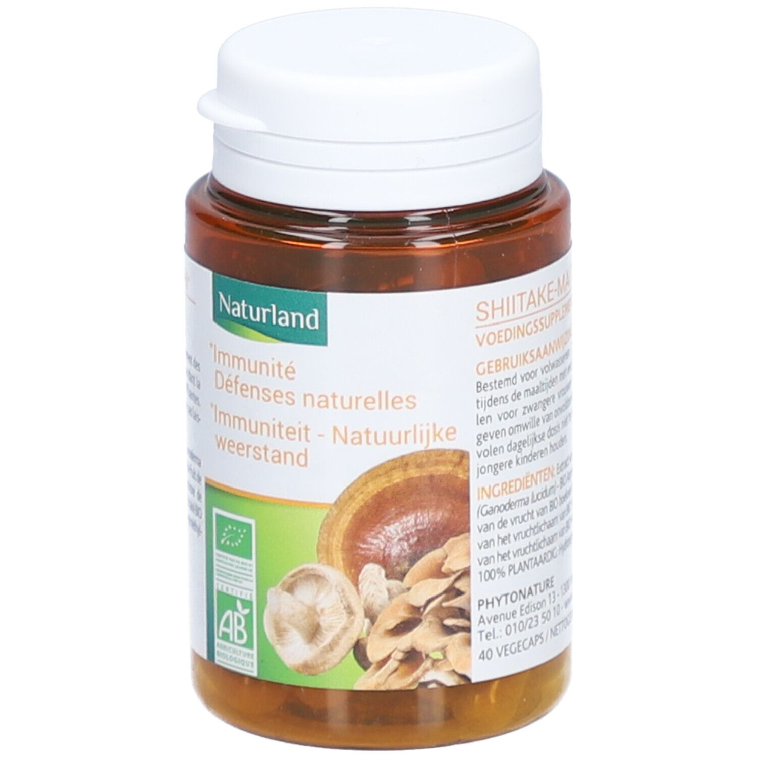 Braune Kapsel-Dose mit weißem Deckel. Aufschrift: Naturland, Immunität, Abbildung von Pilzen. AB-Bio-Siegel.