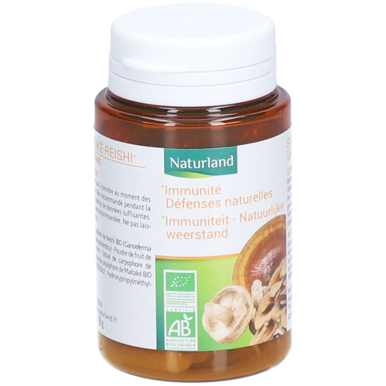 Braune Kapsel-Dose mit weißem Deckel. Aufschrift: Naturland, Immunität, Abbildung von Pilzen. AB-Bio-Siegel.