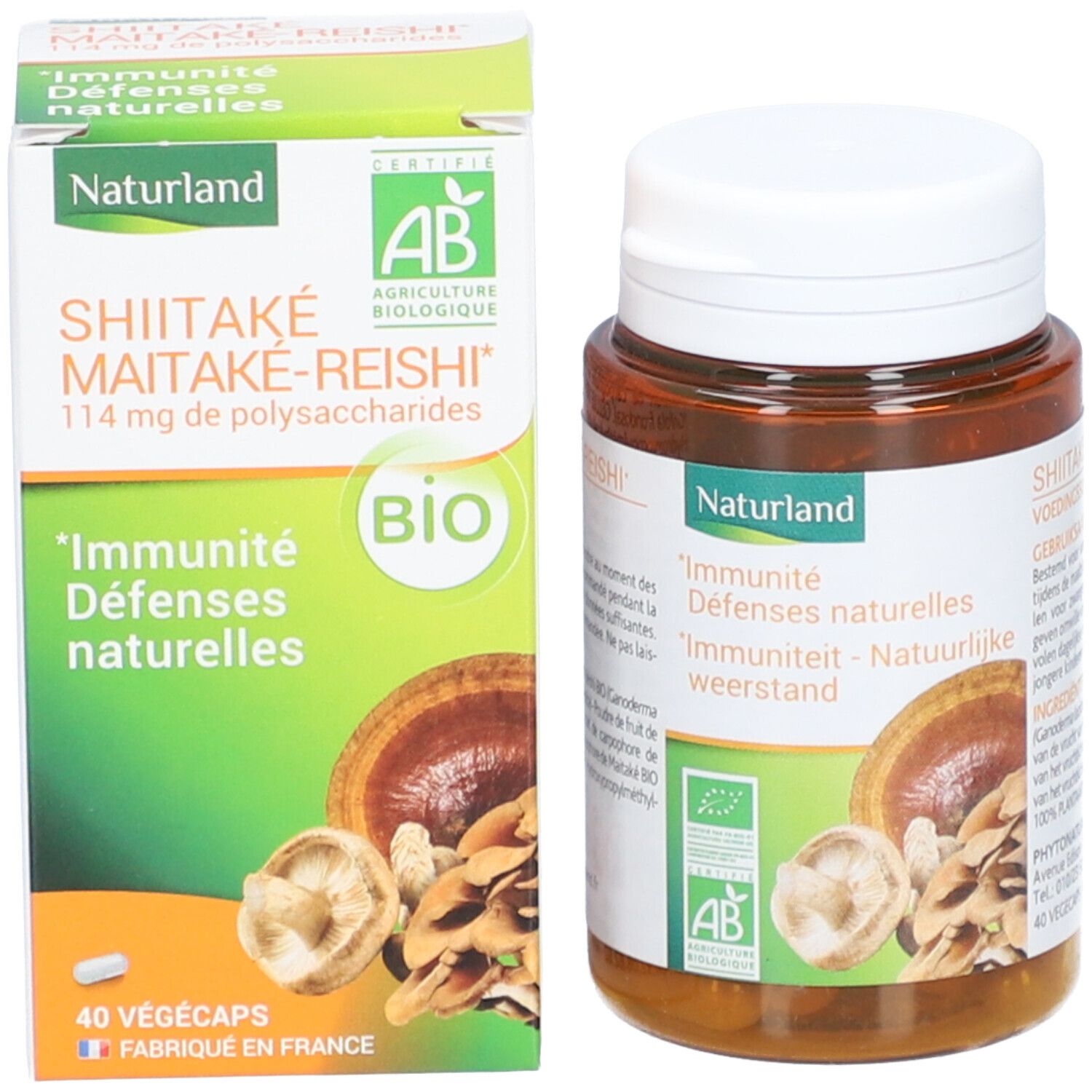 Produktverpackung: Schachtel und Dose. Schachtel: Shiitake-Maitake-Reishi, Bio-Siegel. Dose: Naturland, Immunität, AB-Bio-Siegel.