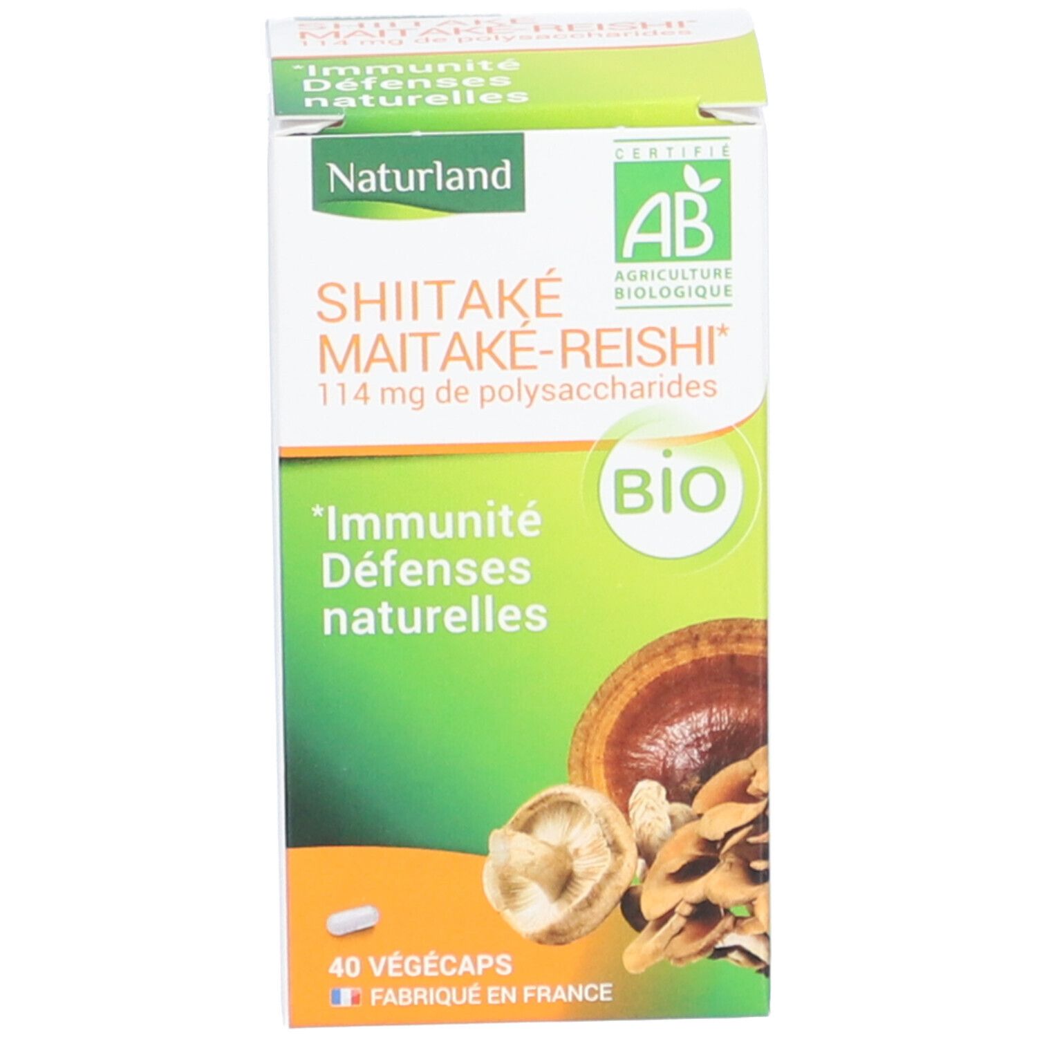 Produktverpackung: Schachtel. Aufschrift: Shiitake-Maitake-Reishi, Bio-Siegel. Inhalt: 40 Kapseln.