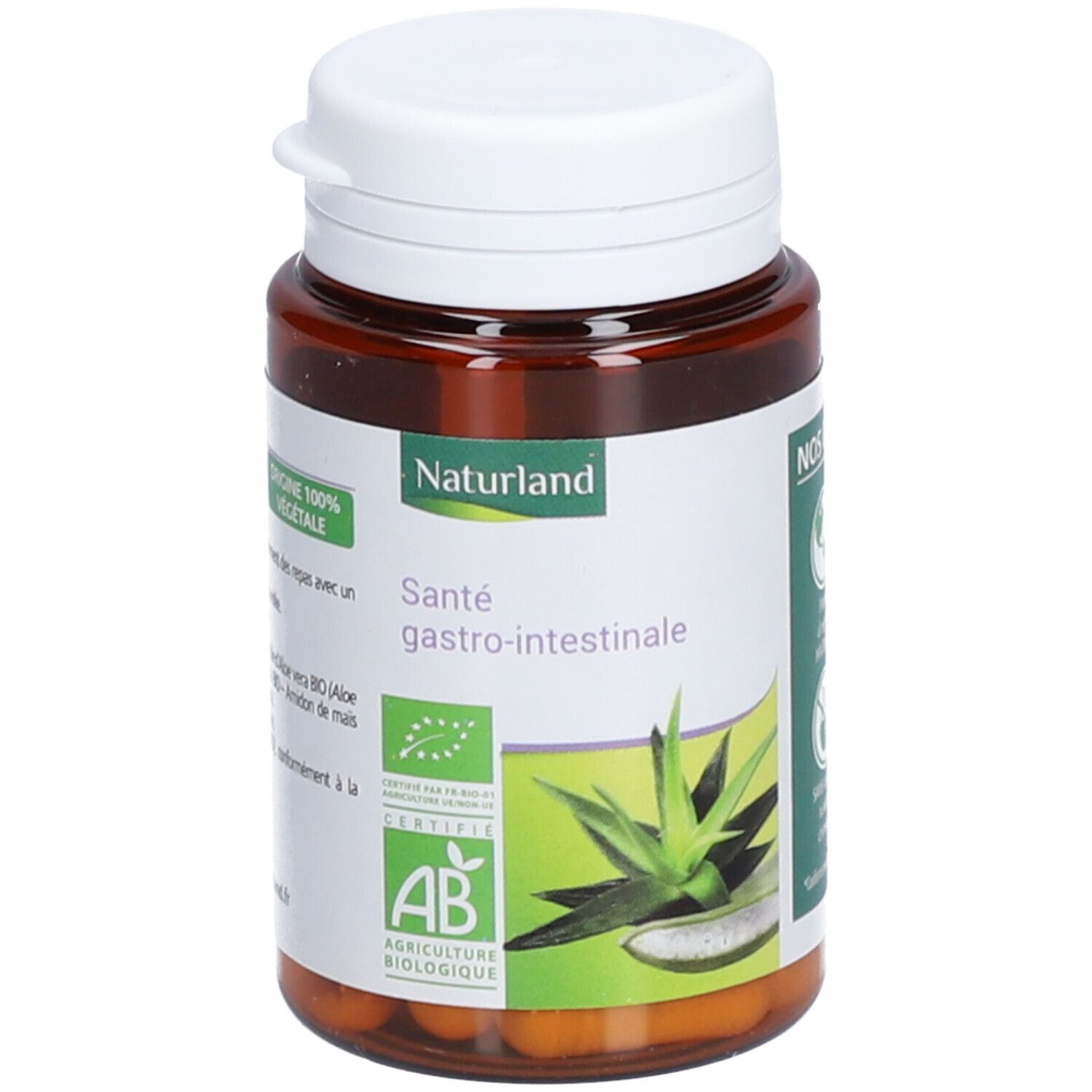Flacon brun avec bouchon blanc. Étiquette avec texte et image d'aloe vera. Label AB Bio. Gélules visibles.