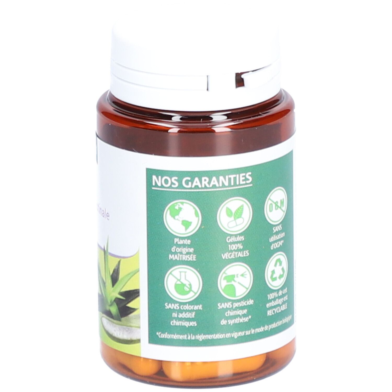 Dos du flacon. Texte avec garanties. Symboles d'origine, gélules végétales, sans additifs, recyclage.