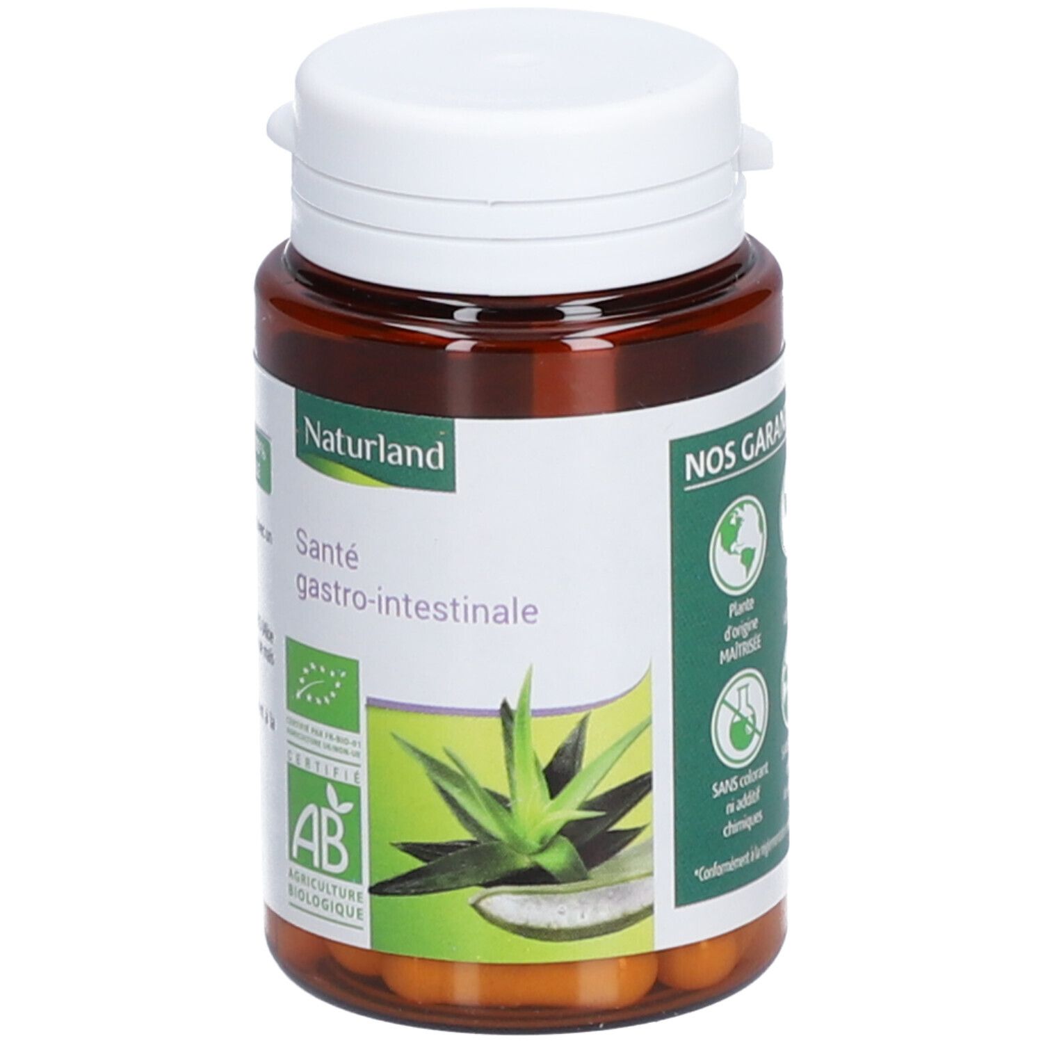Flacon brun avec bouchon blanc. Étiquette avec texte et image d'aloe vera. Label AB Bio. Gélules visibles.