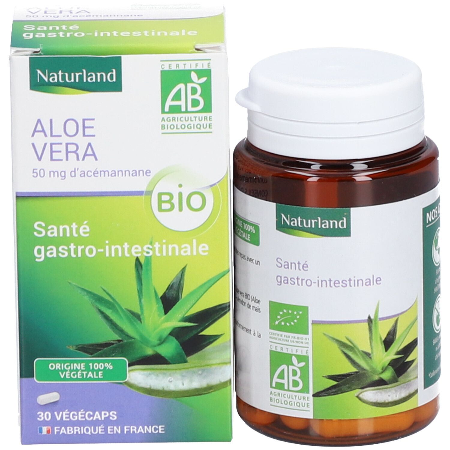 Emballage du produit avec flacon et boîte. Flacon avec gélules. Boîte avec texte et image d'aloe vera. Label AB Bio.