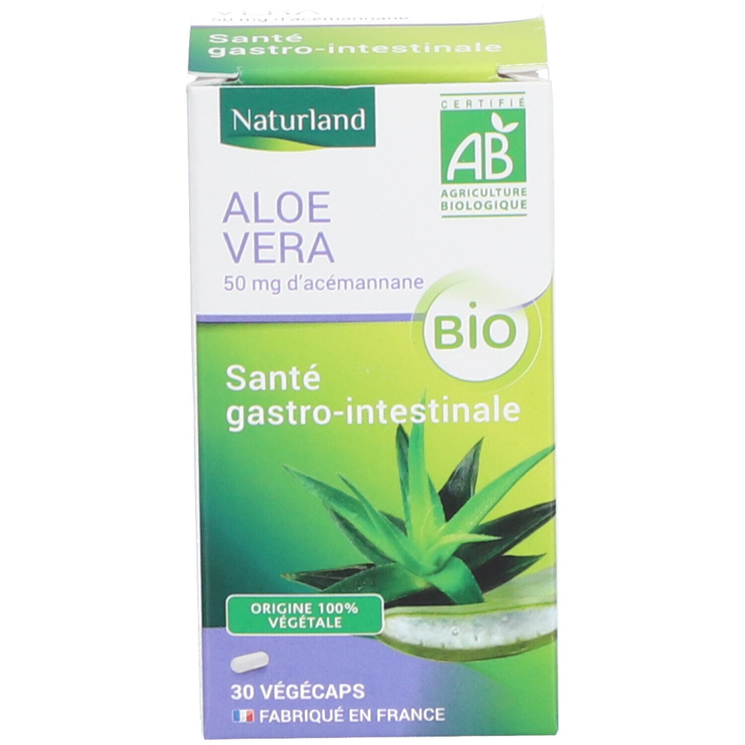 Emballage du produit. Boîte avec texte, image d'aloe vera et label AB Bio. 30 Végécaps.