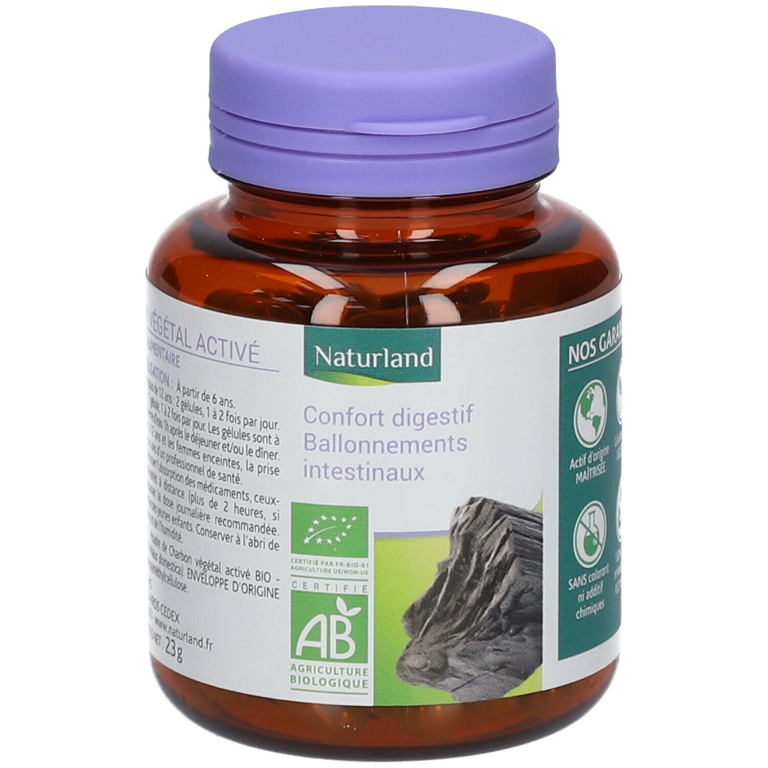 Braune Flasche mit lila Deckel. Etikett mit Produktnamen und Bio-Siegel. Text: Confort digestif, Ballonnement intestinaux.