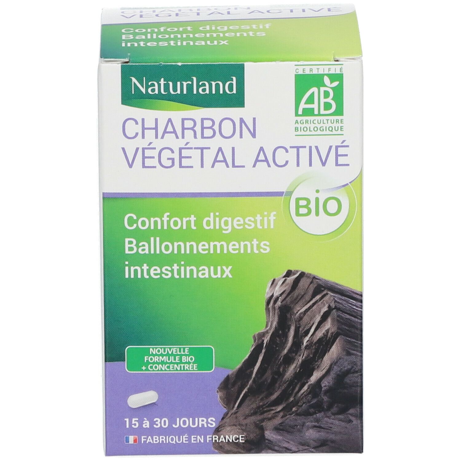 Produktverpackung. Schachtel mit Produktnamen und Bio-Siegel. Text: Charbon végétal activé, Confort digestif, Ballonnement intestinaux.