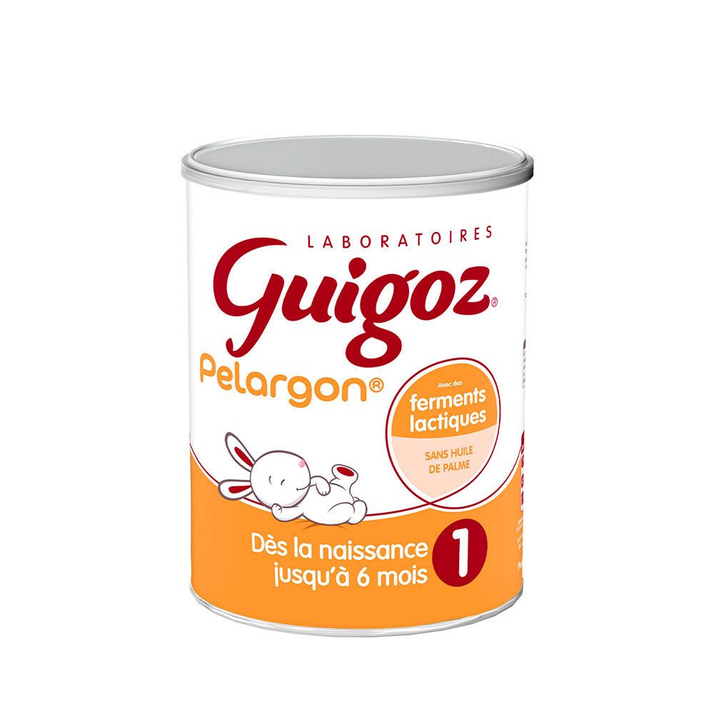 Guigoz Pelargon 1er âge melkpoederblik. Met opschrift, konijnillustratie en leeftijdsindicatie.