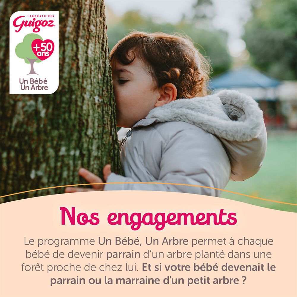 Kind omarmt boom. Tekst: Un Bébé Un Arbre. Logo: Guigoz +50 ans.