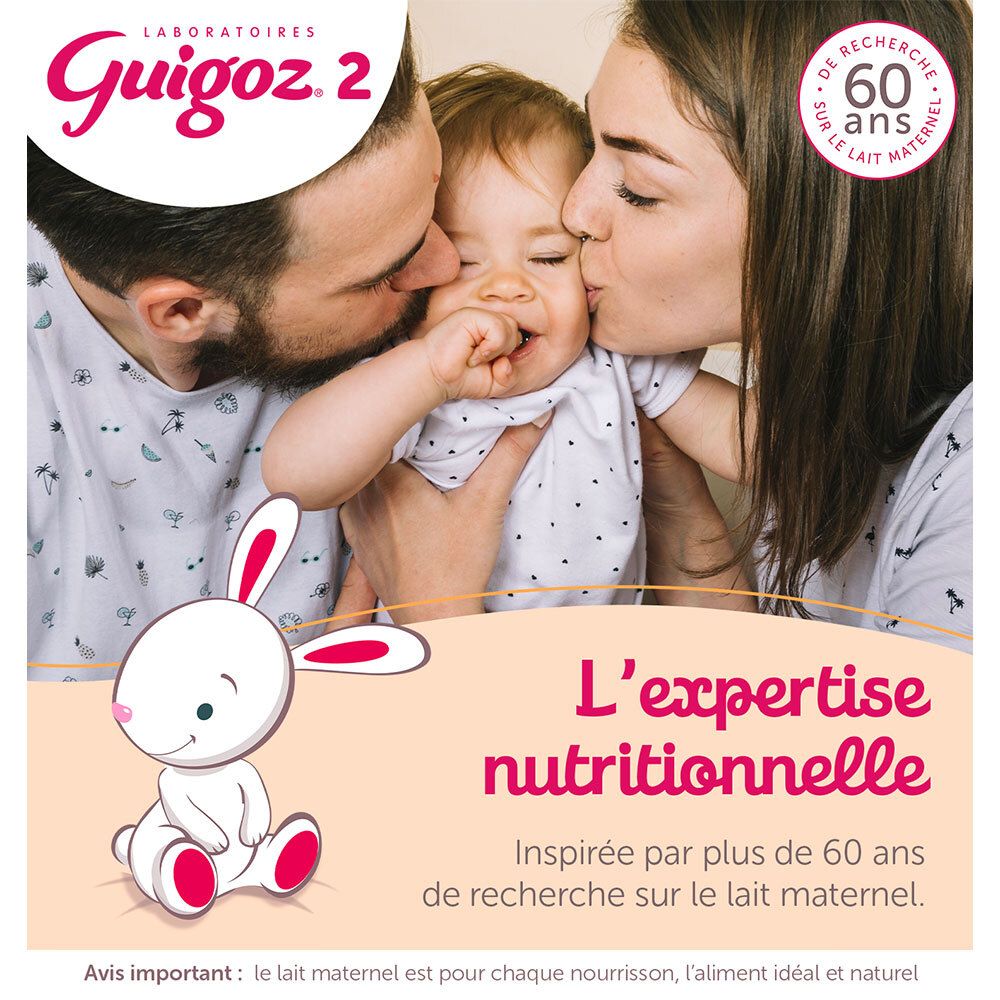 Ouders kussen baby. Tekst: L'expertise nutritionnelle. Logo: Guigoz 2.