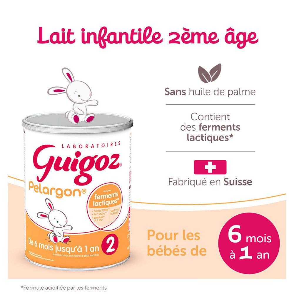 Boîte de lait Guigoz Pelargon 2. Sans huile de palme, avec ferments lactiques. Fabriqué en Suisse. Pour bébés.