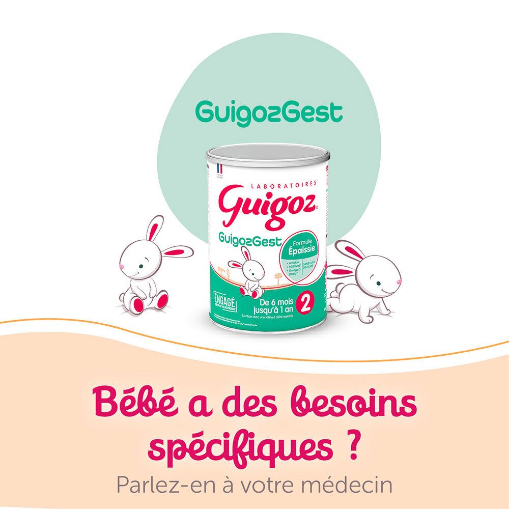 Boîte de lait Guigoz Gest. Illustrations de lapins. Pour bébés avec besoins spécifiques. Consulter un médecin.