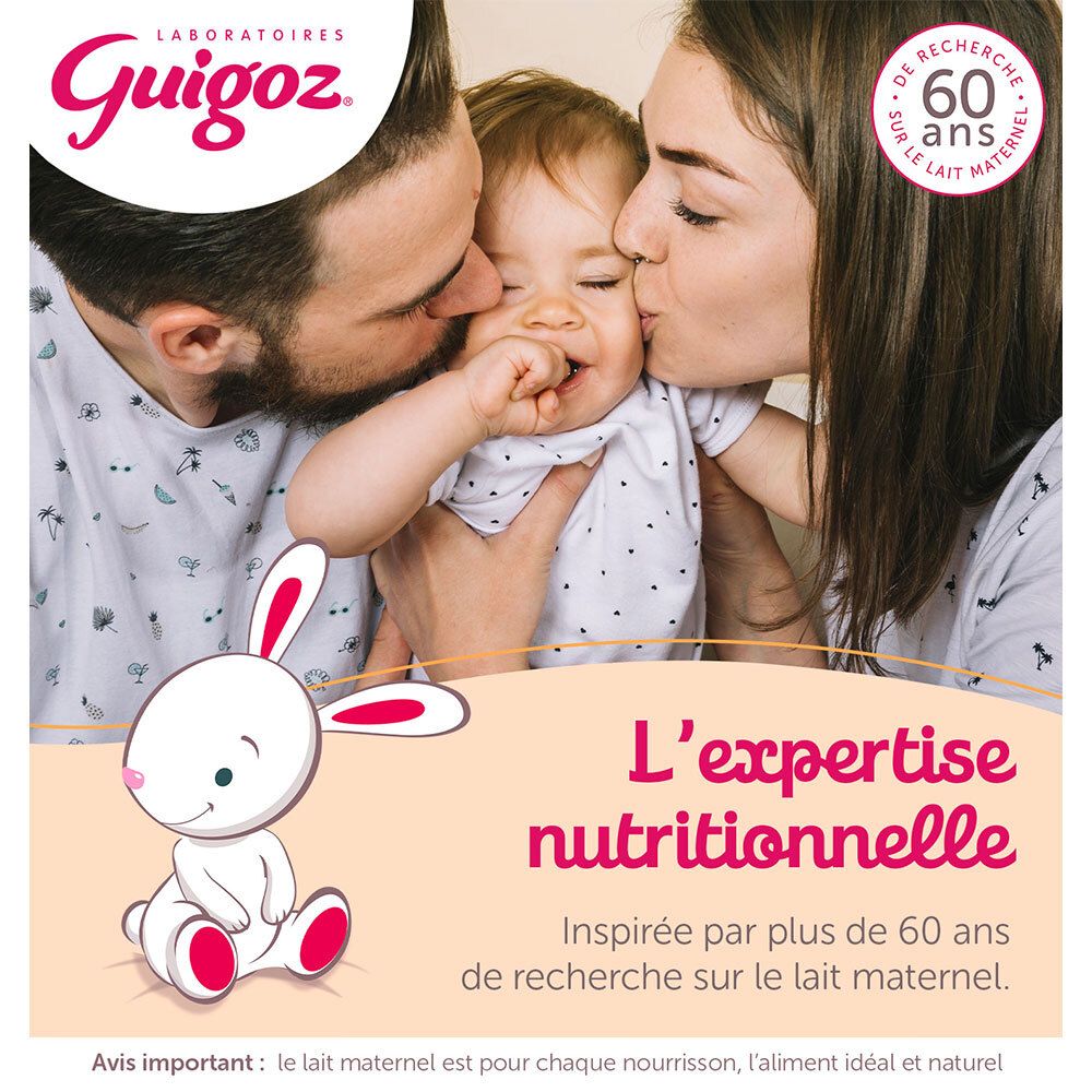 Parents embrassant bébé. Texte : L'expertise nutritionnelle. Plus de 60 ans de recherche. Avis important : lait maternel idéal.