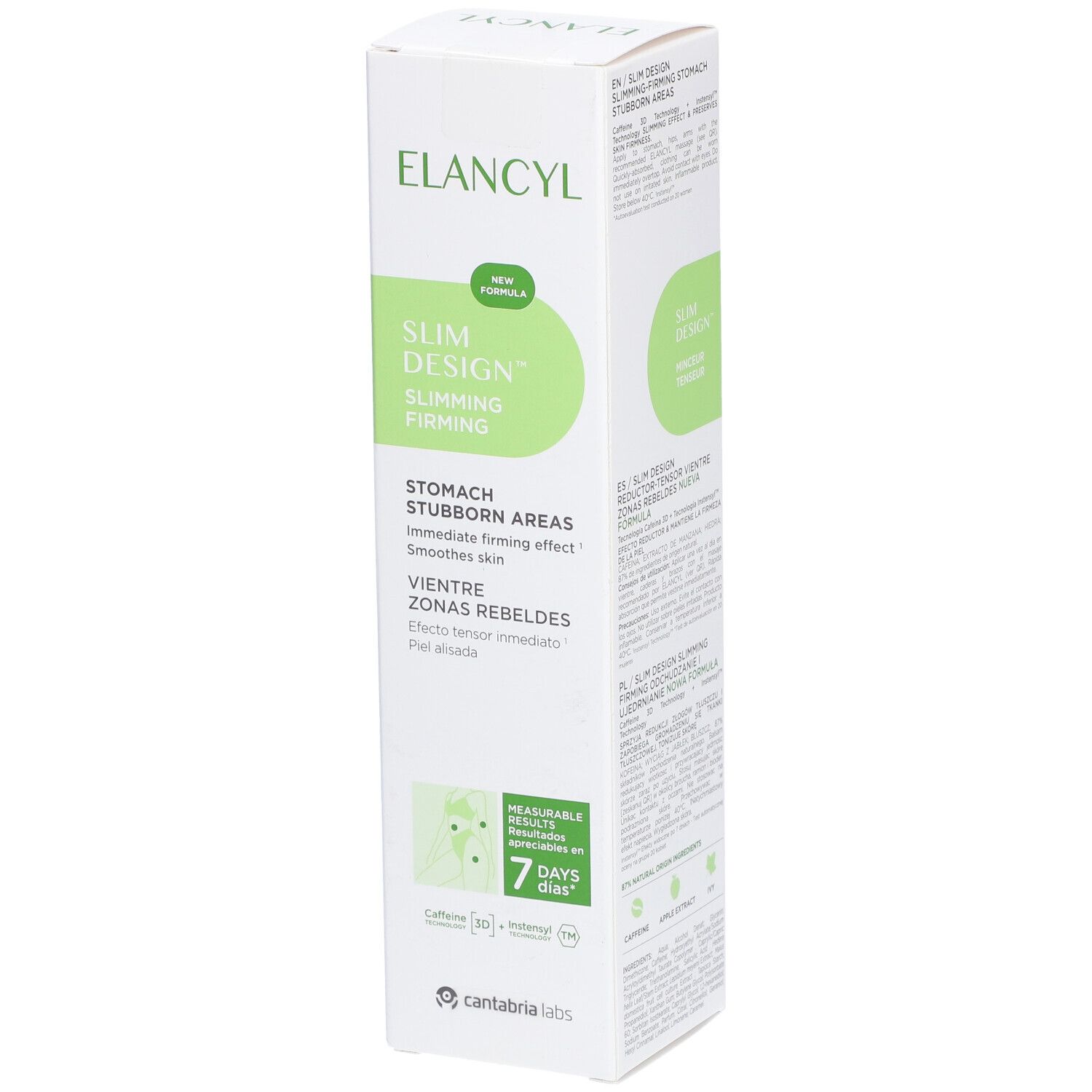 Weiße Kartonverpackung mit ELANCYL Slim Design. Aufschrift: Stomach Stubborn Areas. Grüne Grafik. 7 Tage Ergebnisse.