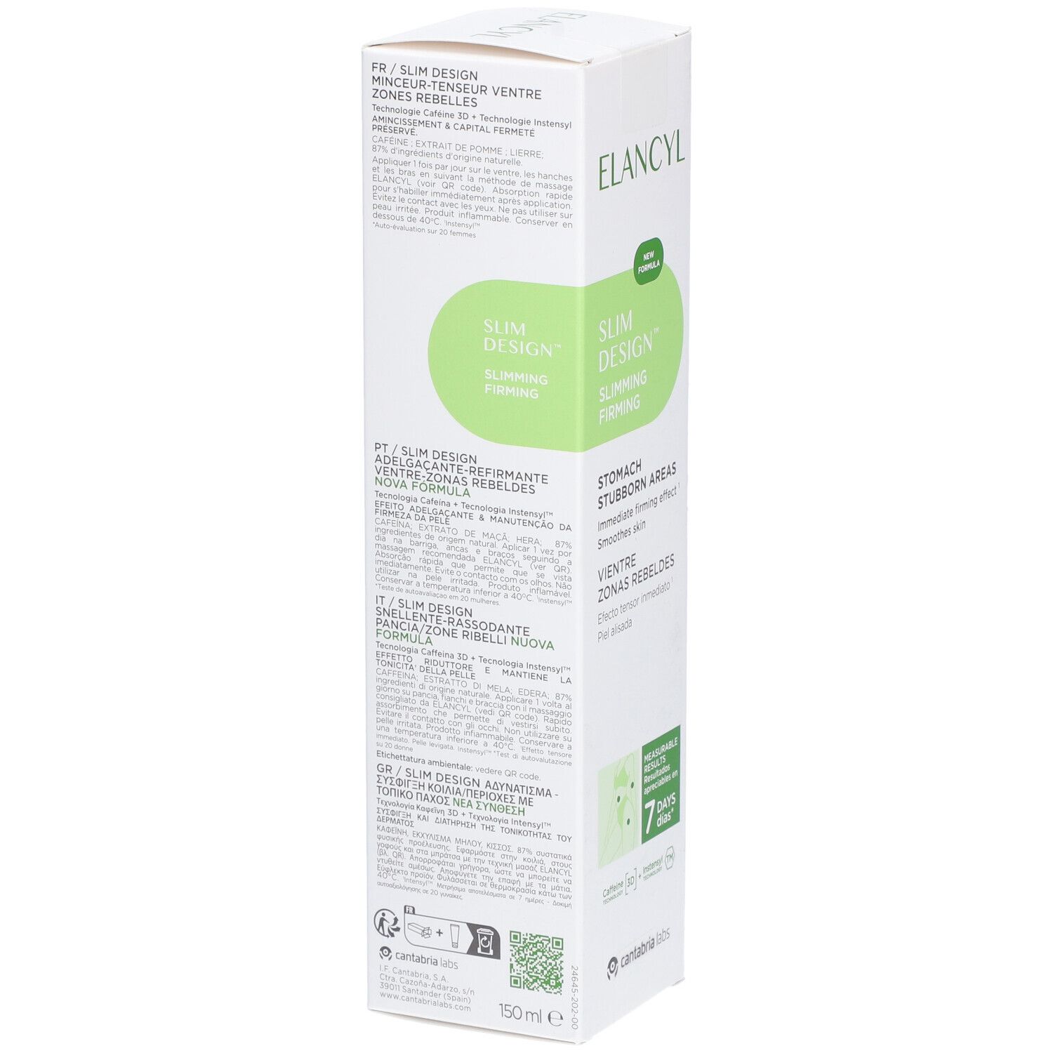 Rückseite der weißen Kartonverpackung. ELANCYL Slim Design. Text in mehreren Sprachen. Grüne Grafik. 7 Tage Ergebnisse.