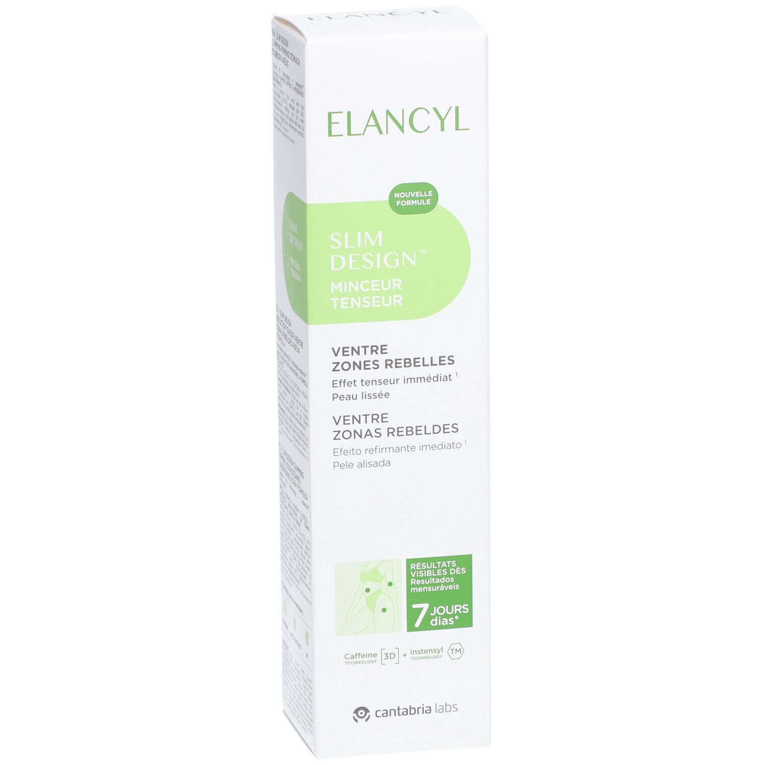 Weiße Kartonverpackung mit ELANCYL Slim Design. Aufschrift: Minceur Tenseur. Grüne Grafik. 7 Tage Ergebnisse.