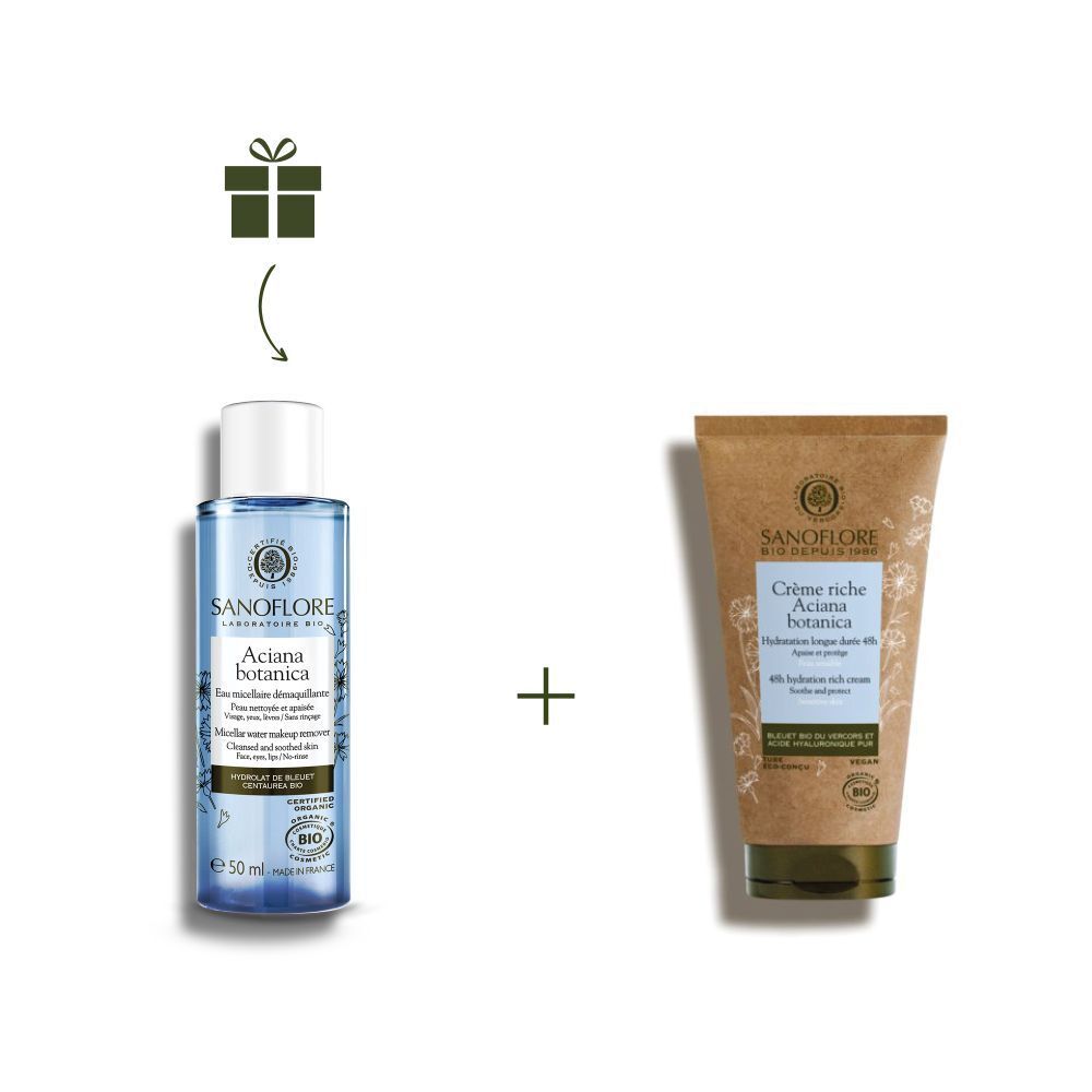 Deux produits : flacon bleu et tube brun. Texte : Aciana botanica. Emballage cadeau avec symbole cadeau.