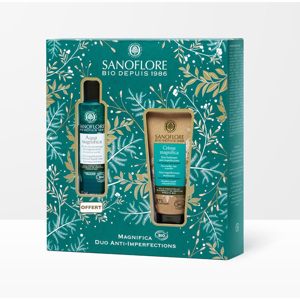 Coffret cadeau Aqua Magnifica et Crème Magnifica. Emballage floral, logo de la marque. Duo Anti-Imperfections.