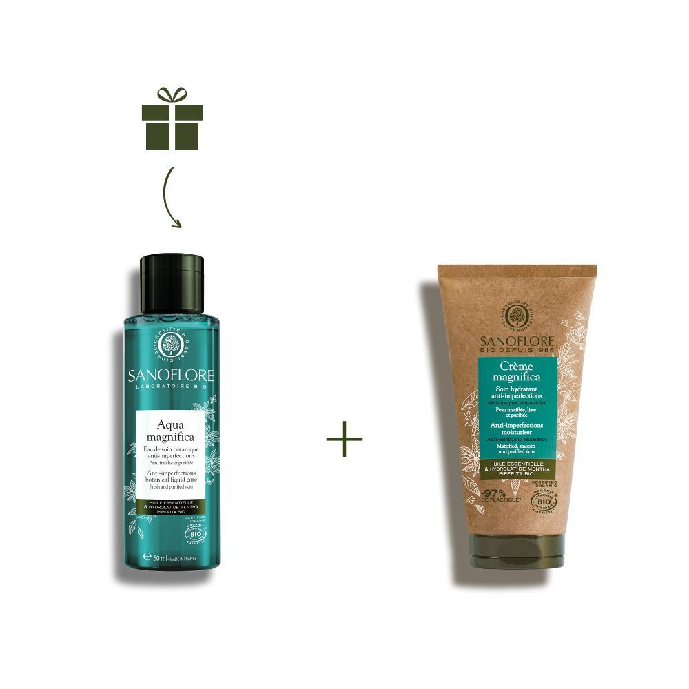 Aqua Magnifica et Crème Magnifica. Deux produits sur fond blanc. Symbole de coffret cadeau. Logo de la marque.
