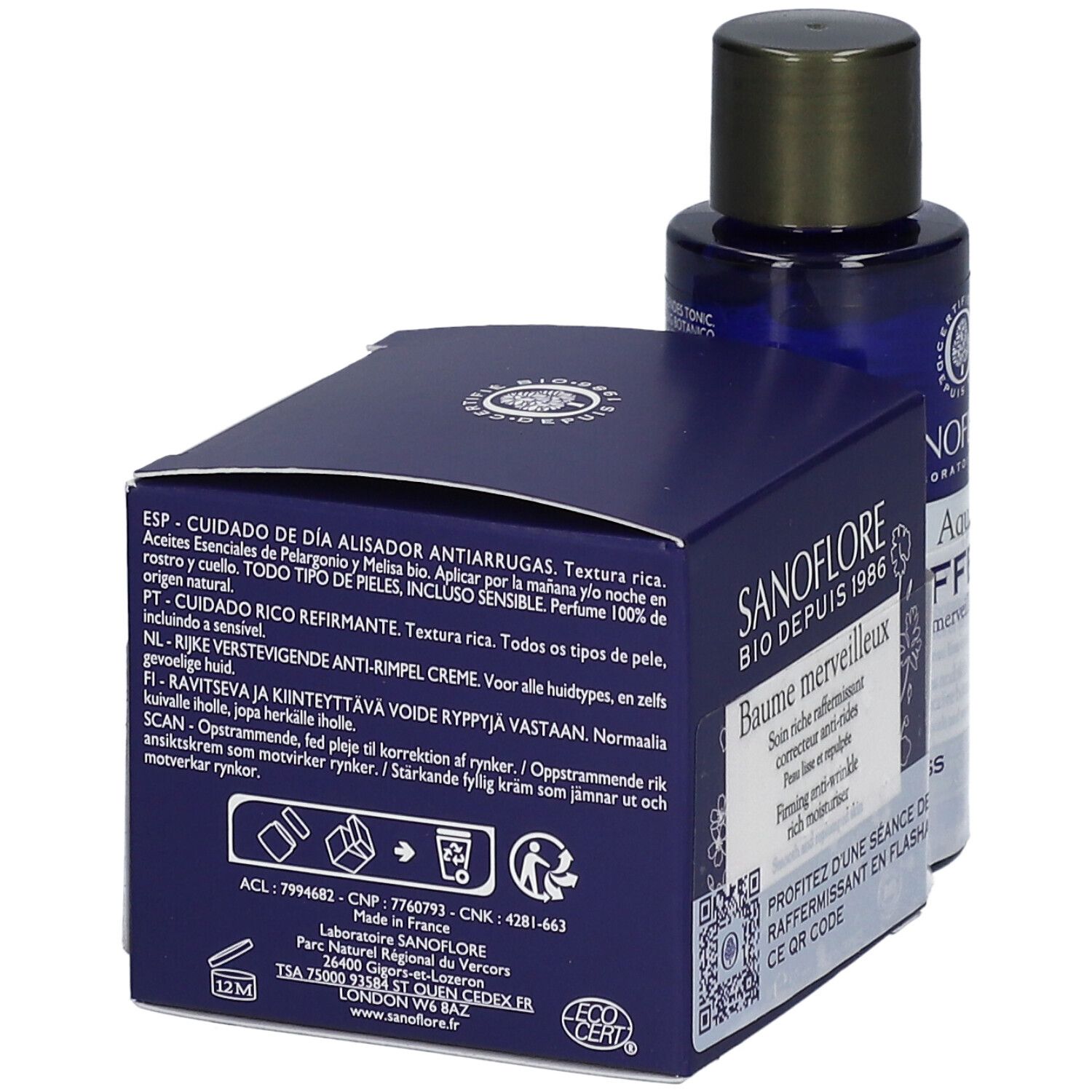 Dunkelblaue Verpackung mit Text. Auf der Verpackung steht "SANOFLORE Baume merveilleux". Text in mehreren Sprachen. EcoCert-Logo.