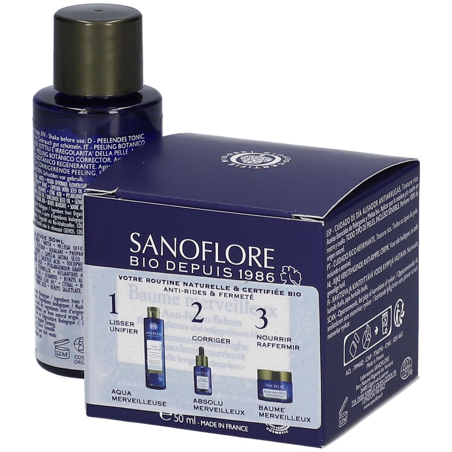 Dunkelblaue Verpackung und Flasche. Auf der Verpackung steht "SANOFLORE Baume merveilleux". Drei Produktabbildungen. Bio-Zertifizierung.