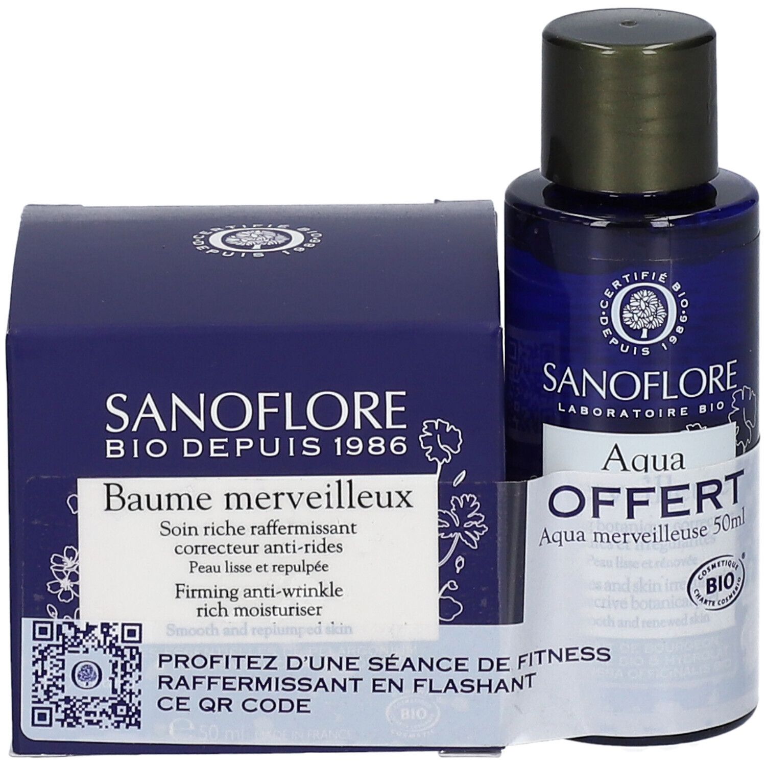 Dunkelblaue Verpackung und Flasche. Auf der Verpackung steht "SANOFLORE Baume merveilleux". Flasche mit "Aqua OFFERT". Bio-Zertifizierung.
