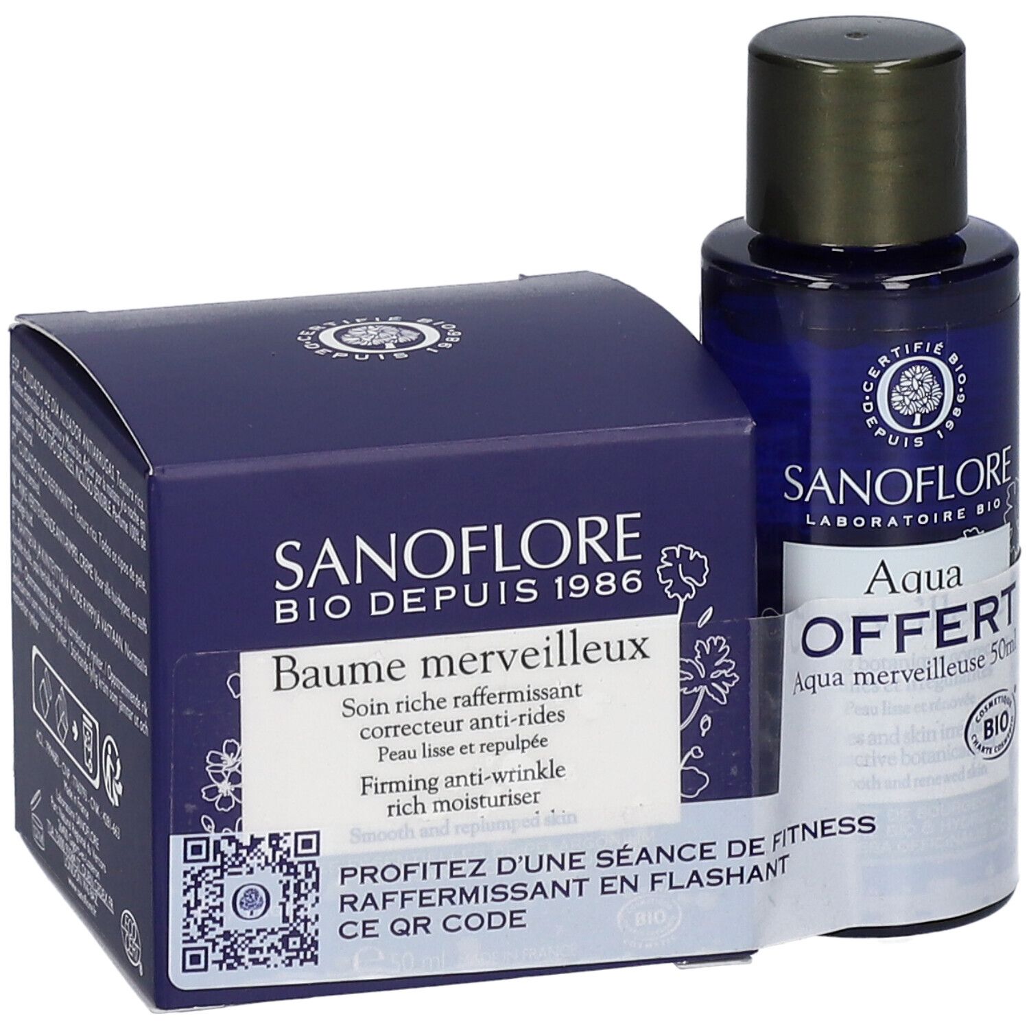 Dunkelblaue Verpackung und Flasche. Auf der Verpackung steht "SANOFLORE Baume merveilleux". Flasche mit "Aqua OFFERT". Bio-Zertifizierung.