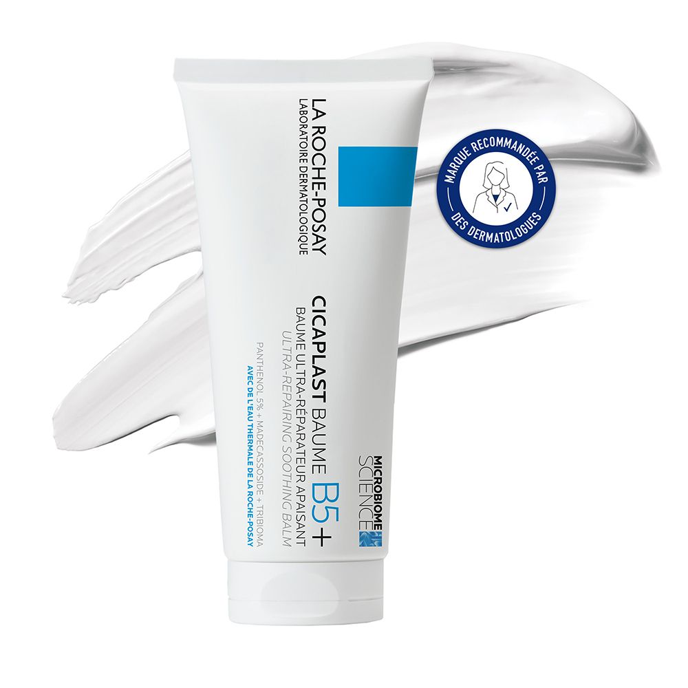 Tube blanche avec bande bleue. Inscription : La Roche-Posay, Cicaplast Baume B5+. Recommandé par les dermatologues.