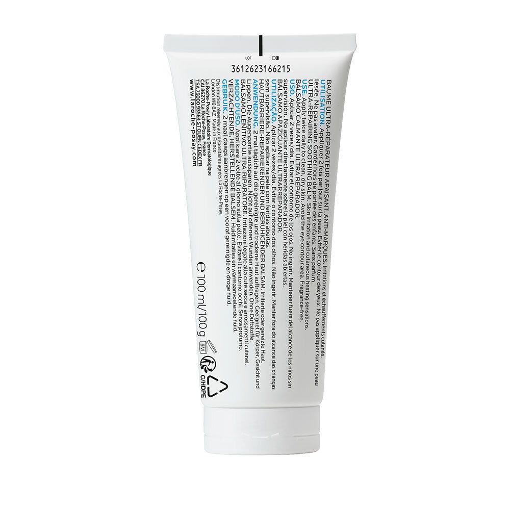 Dos du tube. Texte multilingue. Ingrédients, mode d'emploi. 100ml/100g. Symboles de recyclage.
