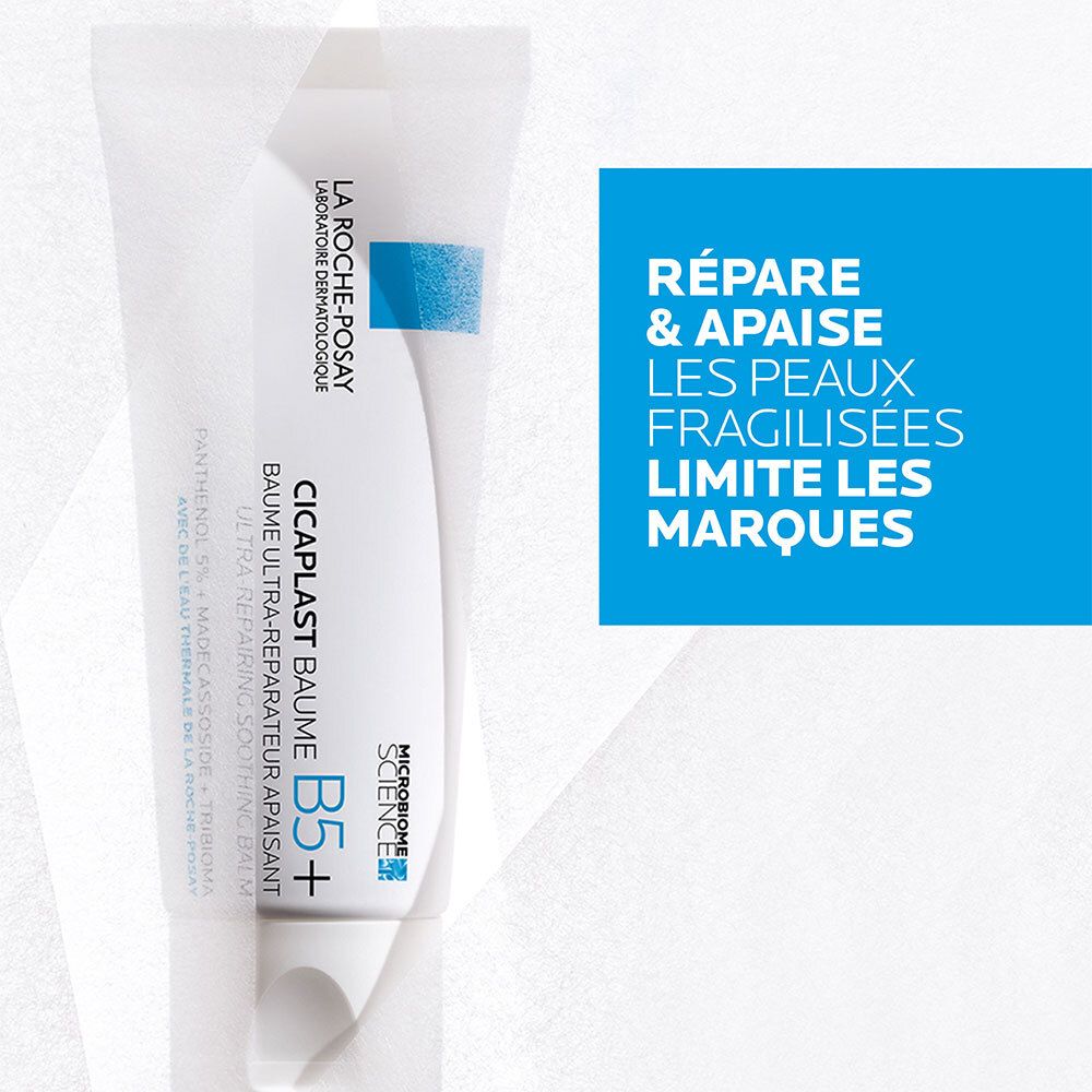 Tube blanc avec bande bleue. Inscription : Cicaplast Baume B5+. Texte : Répare & apaise. Limite les marques.