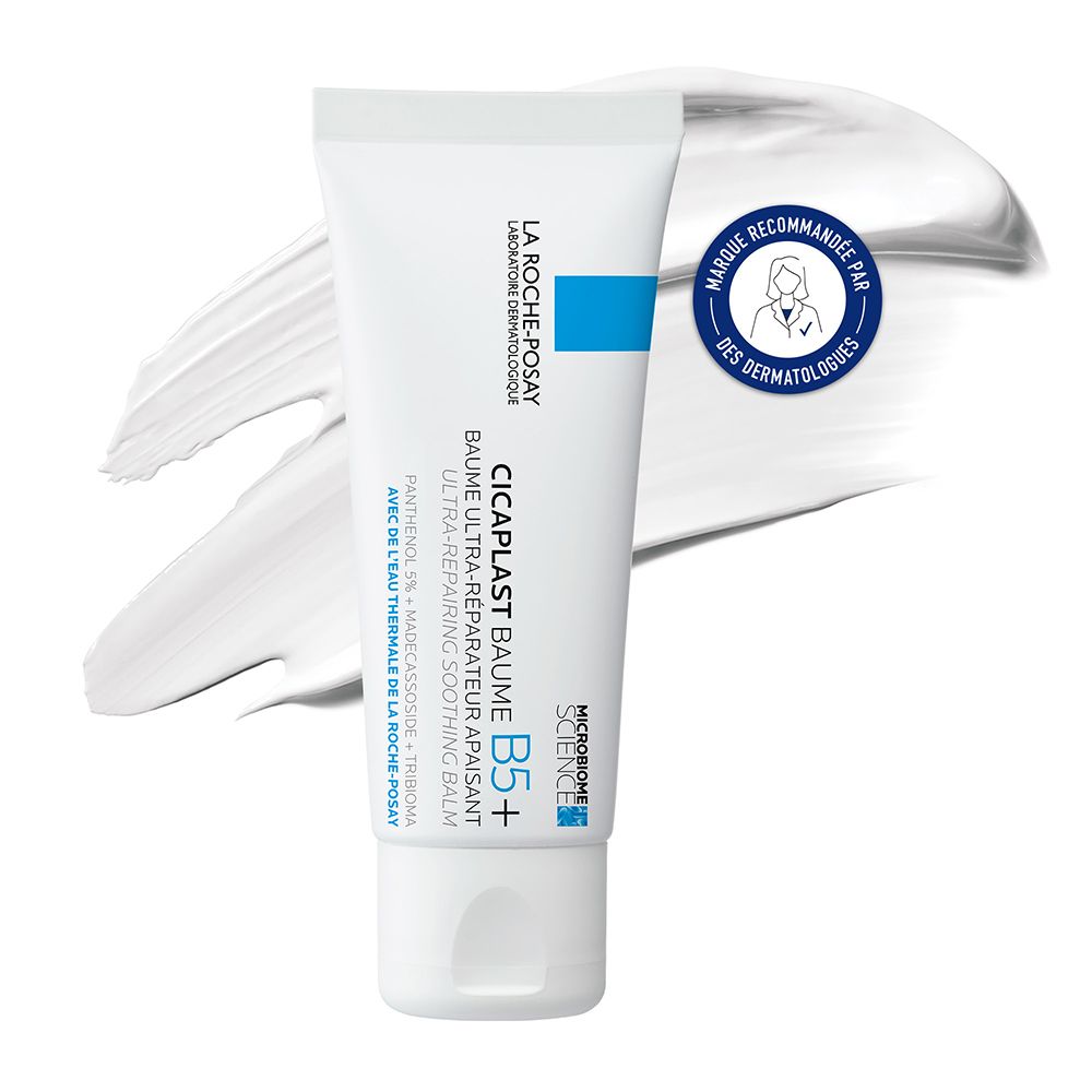 Tube de crème blanc, détails bleus. Inscription: LA ROCHE-POSAY, CICAPLAST BAUME B5+.