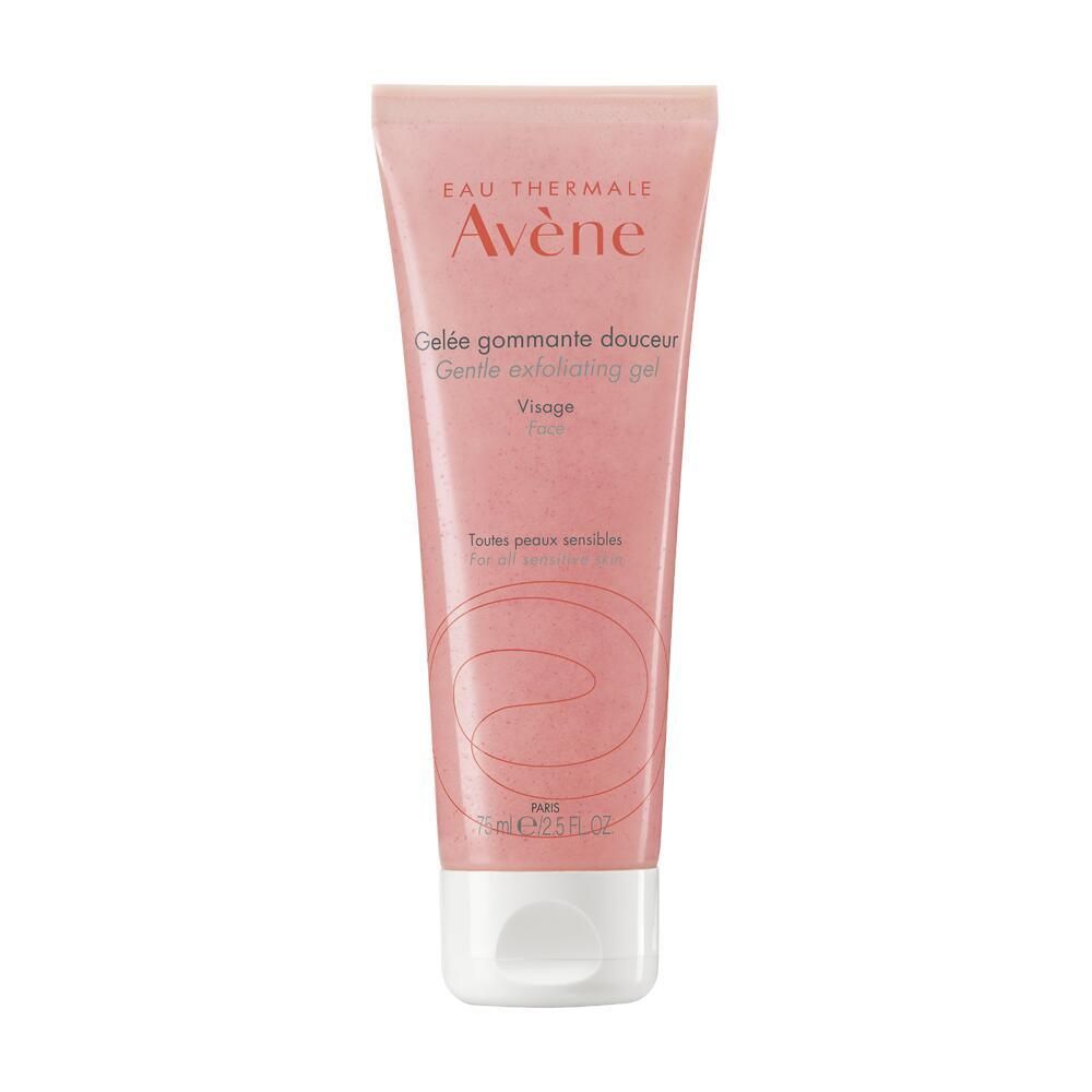 Rosa Tube mit weißem Verschluss. Aufschrift: Eau Thermale Avène, Gelée gommante douceur, Visage.
