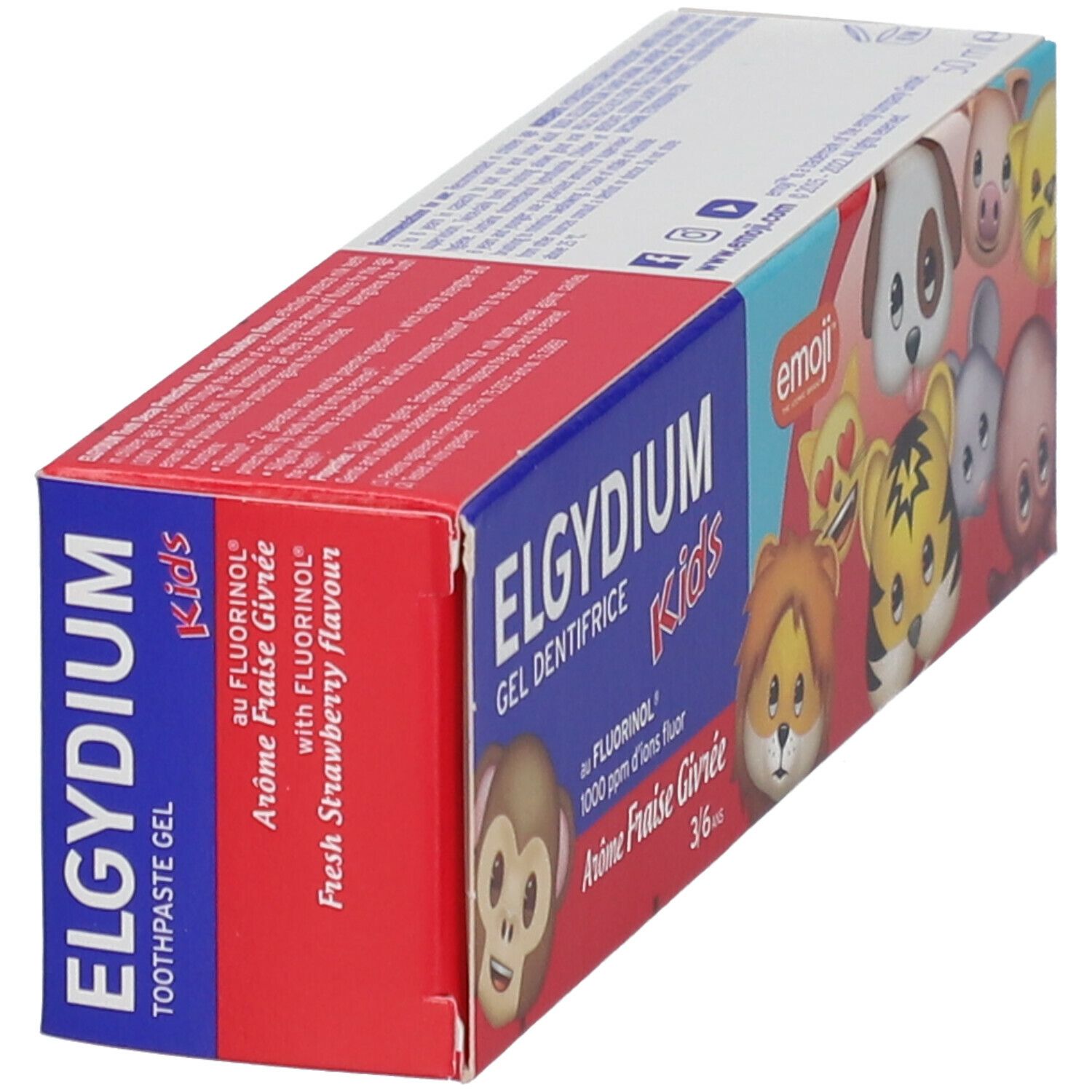 Zahncreme-Verpackung mit Emoji-Illustrationen. Rote und blaue Schachtel mit Produktnamen und Geschmacksangabe.