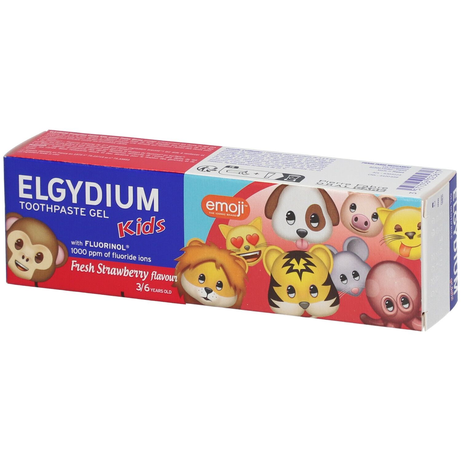 Zahncreme-Verpackung mit Emoji-Illustrationen. Blaue und rote Schachtel mit Produktnamen und Geschmacksangabe.