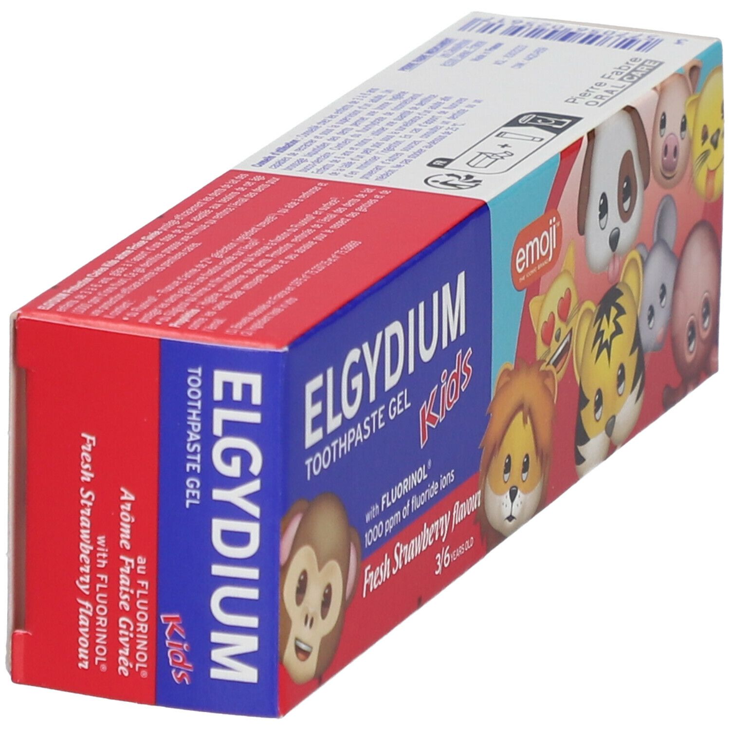 Zahncreme-Verpackung mit Emoji-Illustrationen. Rote und blaue Schachtel mit Produktnamen und Geschmacksangabe.