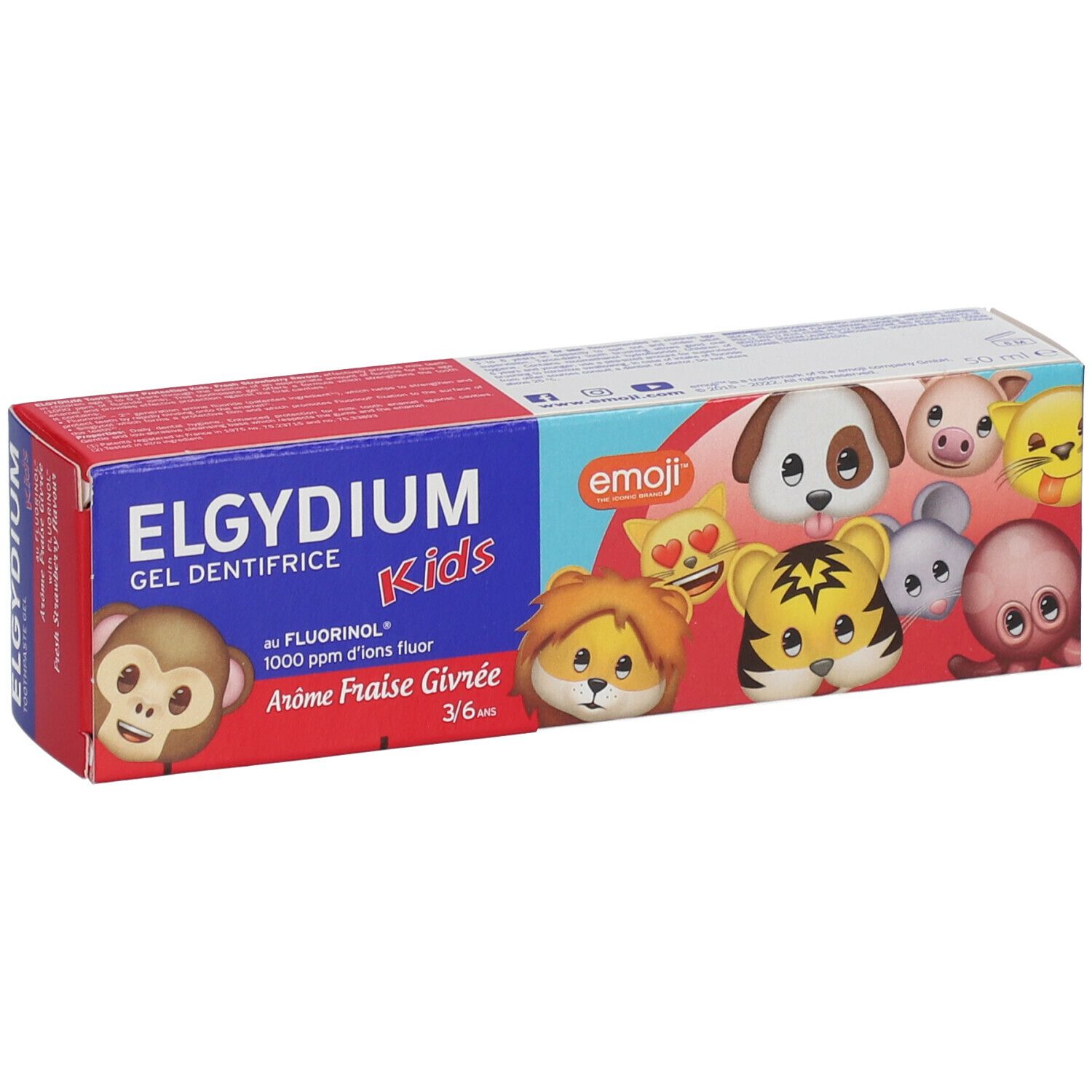 Zahncreme-Verpackung mit Emoji-Illustrationen. Blaue und rote Schachtel mit Produktnamen und Geschmacksangabe.