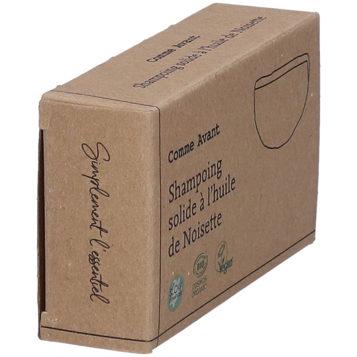 Boîte en carton avec nom du produit : Comme Avant, shampooing solide à l'huile de Noisette. Inscription 'Supplément l'essentiel'.