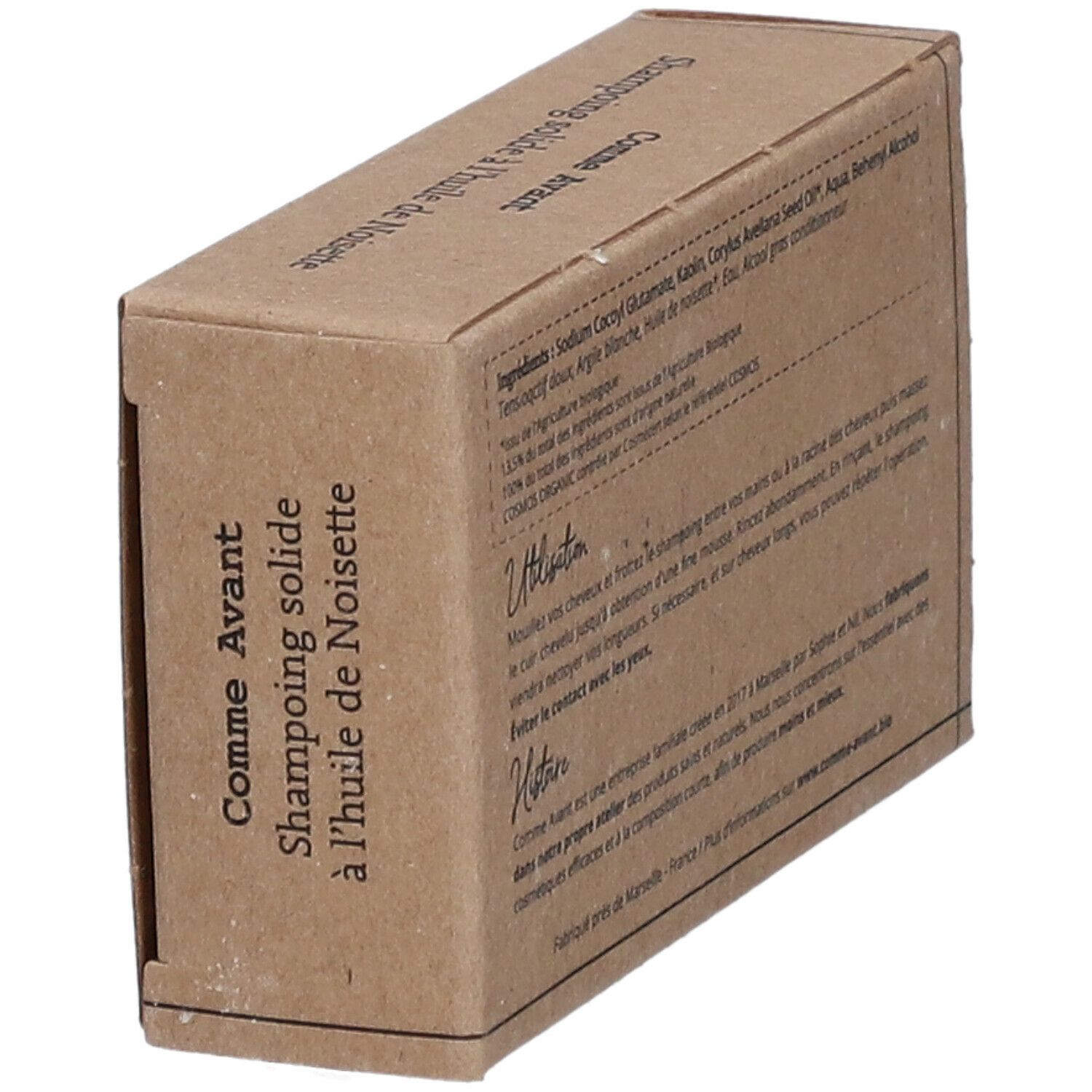 Boîte en carton avec nom du produit : Comme Avant, shampooing solide à l'huile de Noisette. Ingrédients et mode d'emploi.