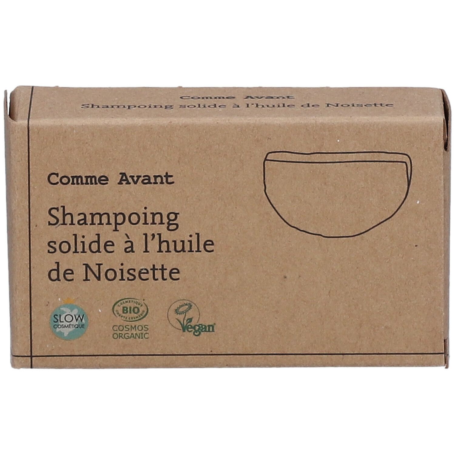 Boîte en carton avec nom du produit : Comme Avant, shampooing solide à l'huile de Noisette. Labels bio, vegan.