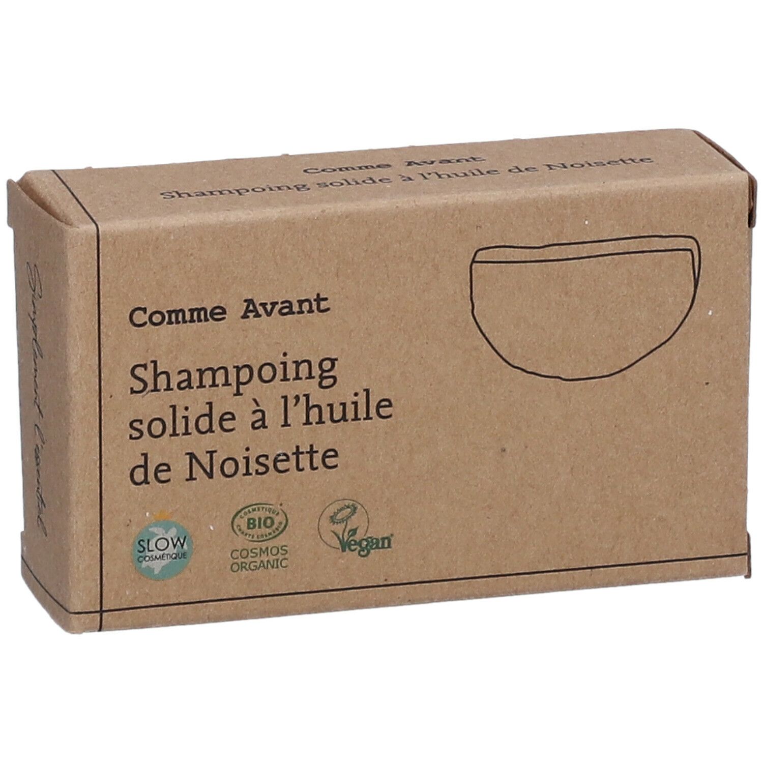 Boîte en carton avec nom du produit : Comme Avant, shampooing solide à l'huile de Noisette. Labels bio, vegan.