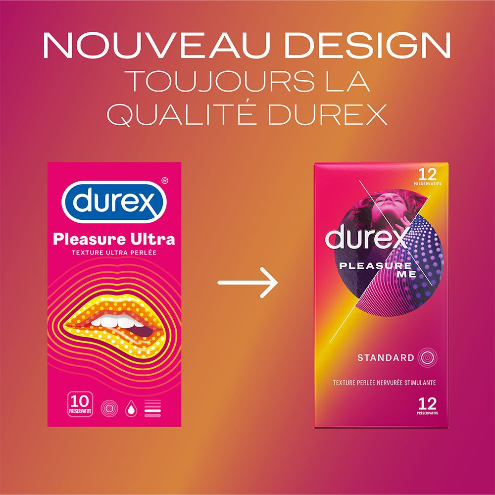 Comparaison de deux boîtes de préservatifs. Inscription: durex, Pleasure Ultra, Pleasure Me. 10 et 12 préservatifs.